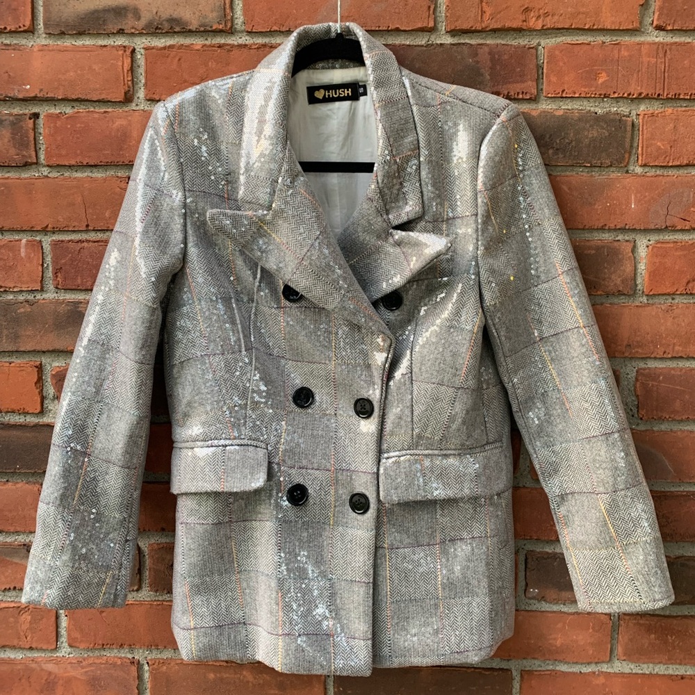 Sequin Plaid Jacquard Blazer Fashion Jacket Size Small